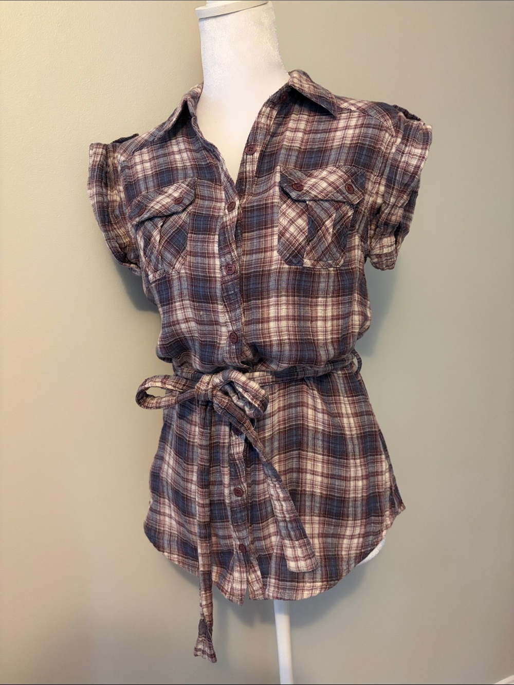 hazel Plaid Button-Down Tie-Waist Shirt — Blue and Mauve